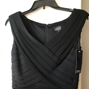 Adrianna Papell cap-sleeve, shutter pleat, “little black dress”